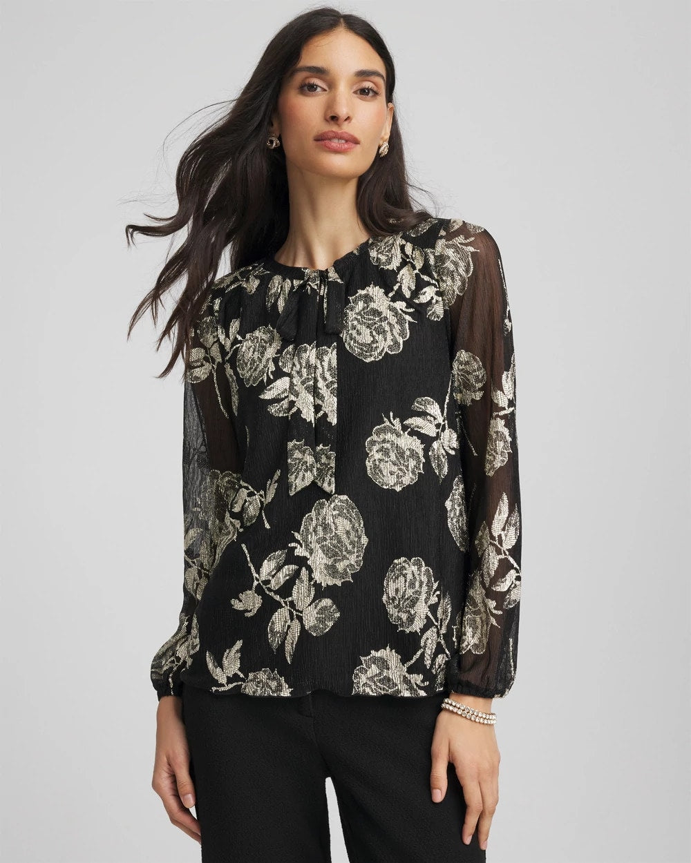 Chico's Recommended - Floral Metallic Bodre Top Black