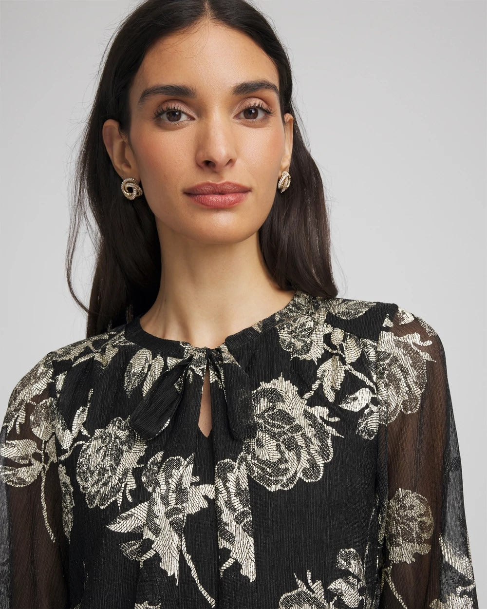 Chico's Recommended - Floral Metallic Bodre Top Black