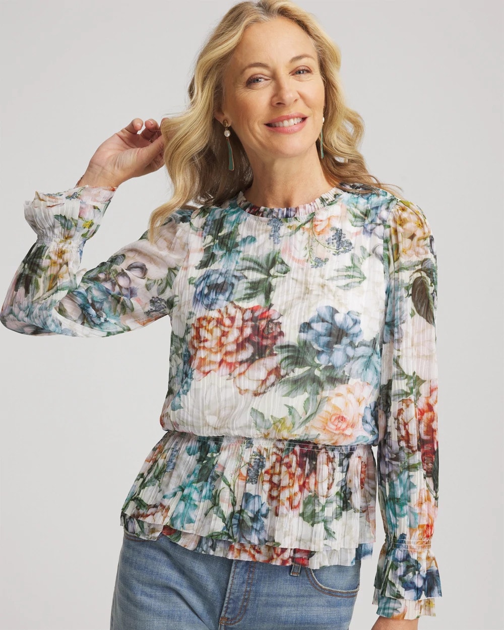 Chico's Everyday - Rose Print Crinkle Top Ecru