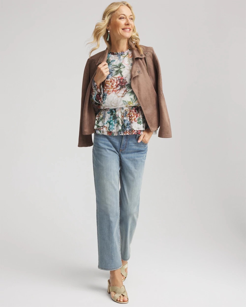 Chico's Everyday - Rose Print Crinkle Top Ecru