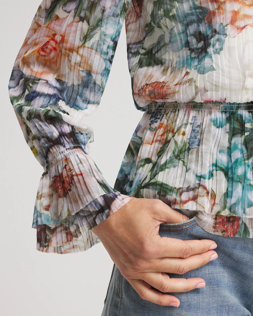Chico's Everyday - Rose Print Crinkle Top Ecru