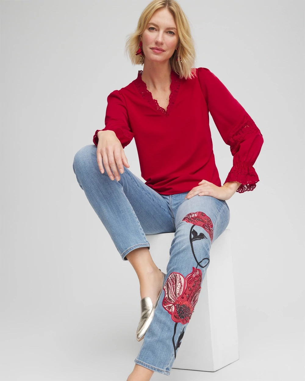 Chico's Everyday - Lace V-Neck Top Carmine Red