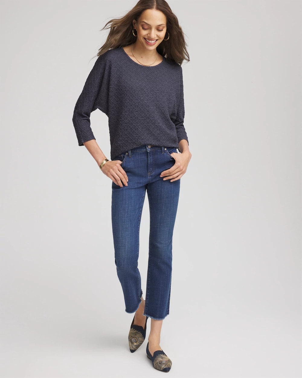 Chico's Popular - Textured Denim-Motif Tapered-Hem Top Denim