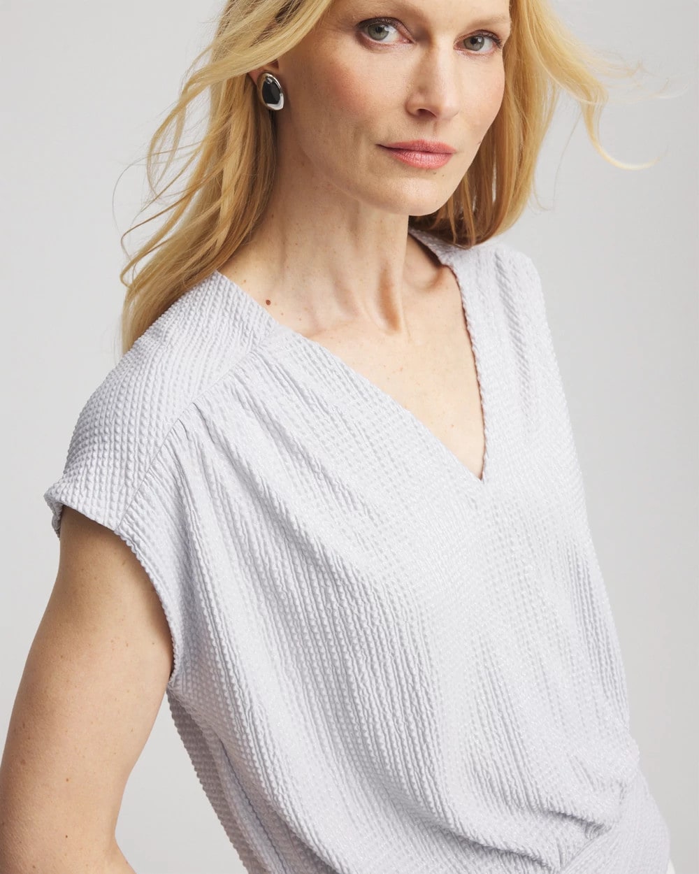 Chico's Trusted - Foiled Knit Banded Bottom Top Dove Gray