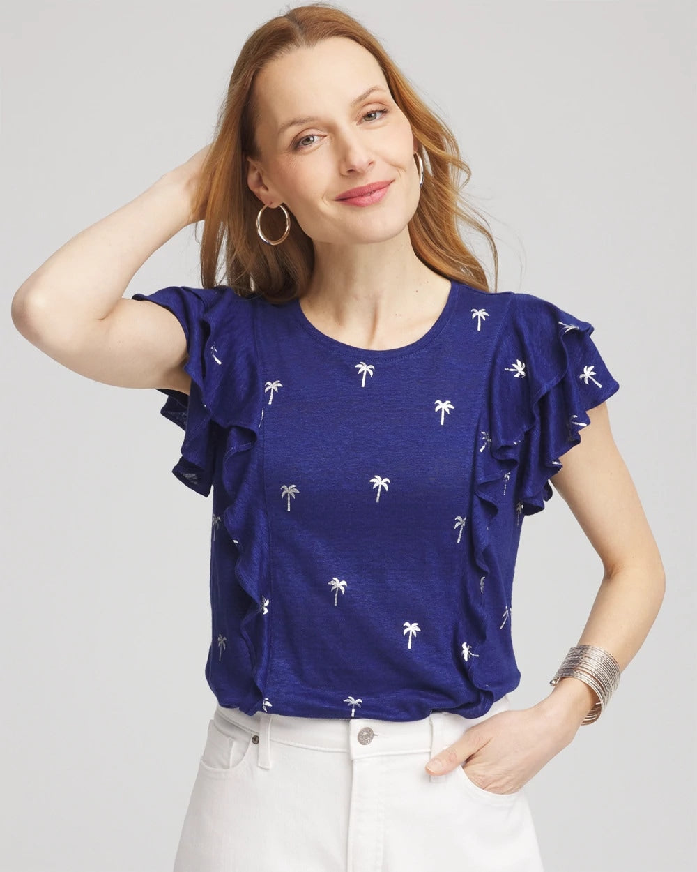 Chico's Special Offer - Foiled Flutter-Sleeve Linen Tee Blue Casa