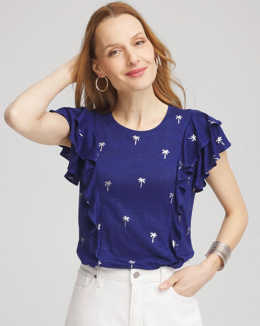Chico's Special Offer - Foiled Flutter-Sleeve Linen Tee Blue Casa