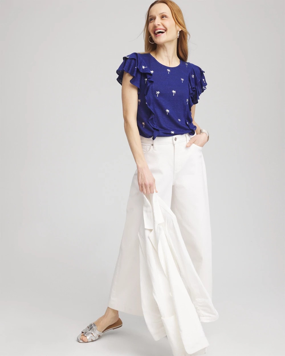 Chico's Special Offer - Foiled Flutter-Sleeve Linen Tee Blue Casa