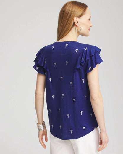 Chico's Special Offer - Foiled Flutter-Sleeve Linen Tee Blue Casa
