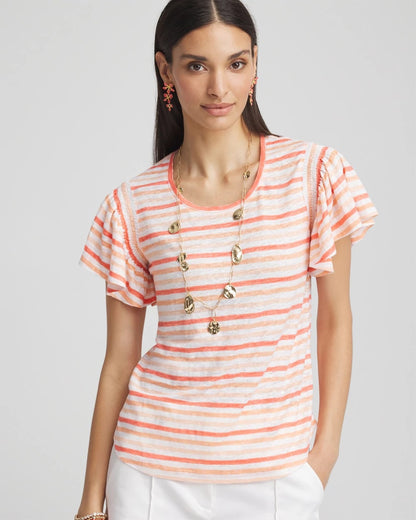 Chico's Latest - Striped Linen Smocked Flutter-Sleeved Tee Melon Mambo