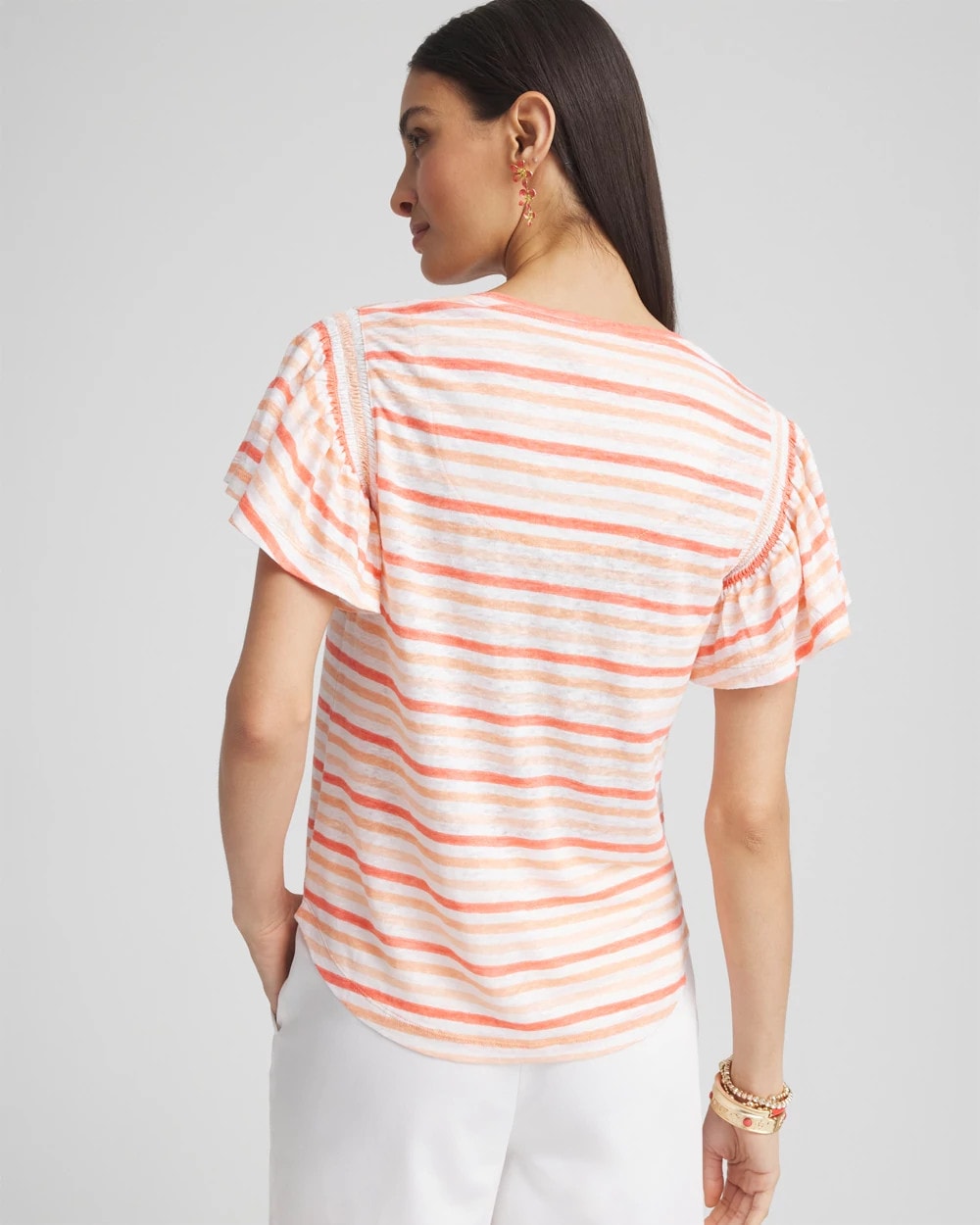 Chico's Latest - Striped Linen Smocked Flutter-Sleeved Tee Melon Mambo