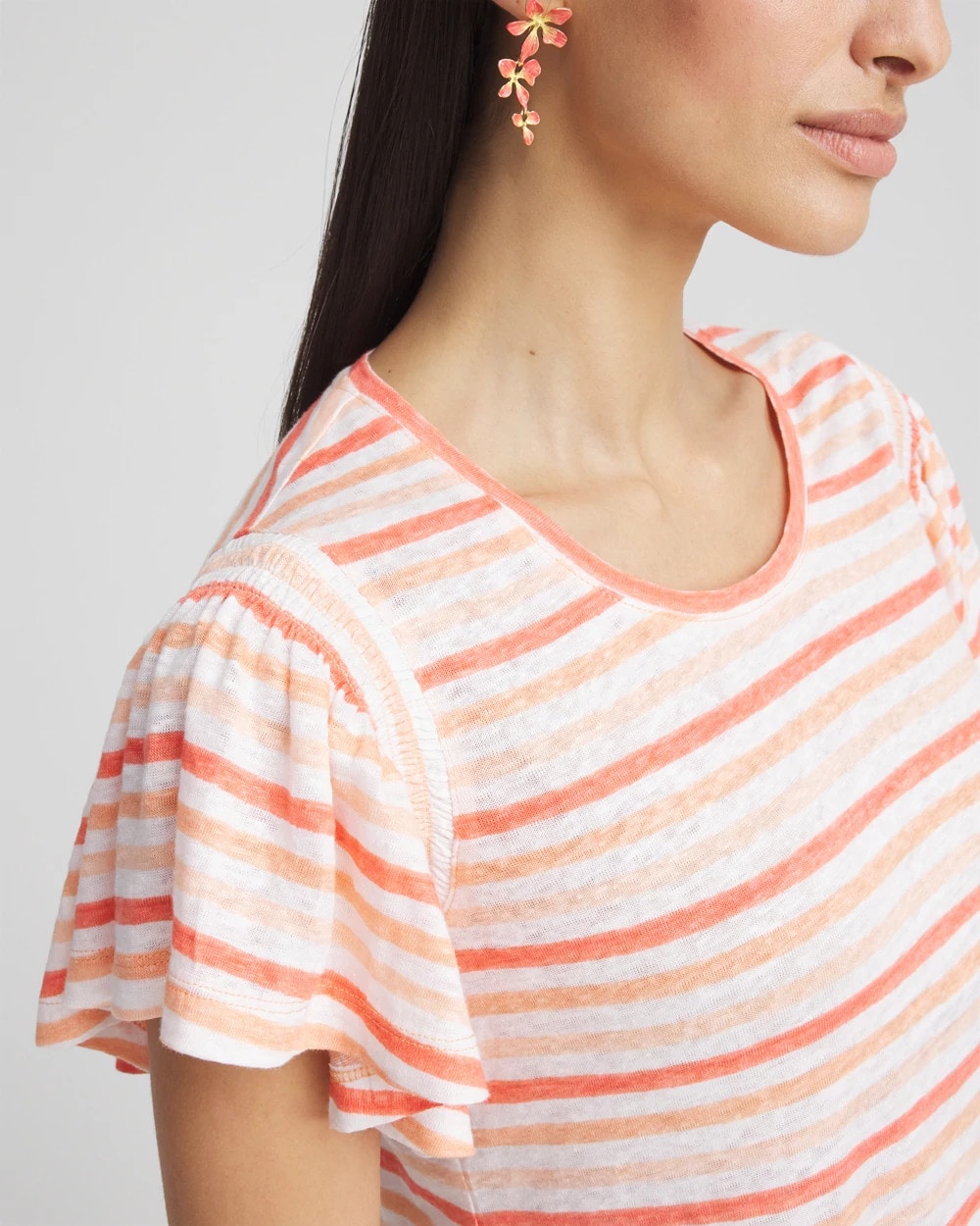 Chico's Latest - Striped Linen Smocked Flutter-Sleeved Tee Melon Mambo