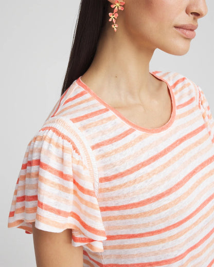 Chico's Latest - Striped Linen Smocked Flutter-Sleeved Tee Melon Mambo