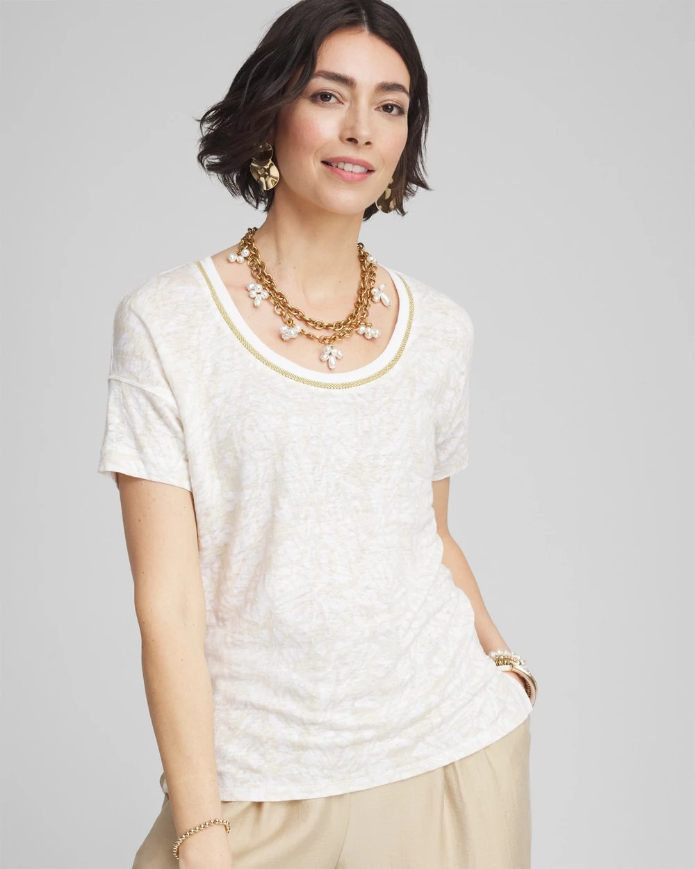 Chico's Deals - Printed Sweater Trim Linen Tee River Rock