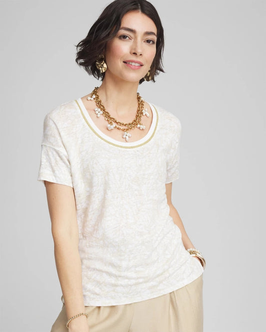 Chico's Deals - Printed Sweater Trim Linen Tee River Rock