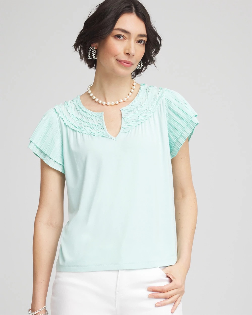Chico's Customer Favorite - Touch of Cool™ Layered Pleated Flutter Tee Teal Waters