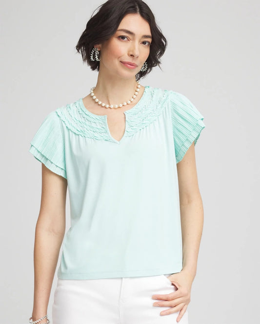 Chico's Customer Favorite - Touch of Cool™ Layered Pleated Flutter Tee Teal Waters
