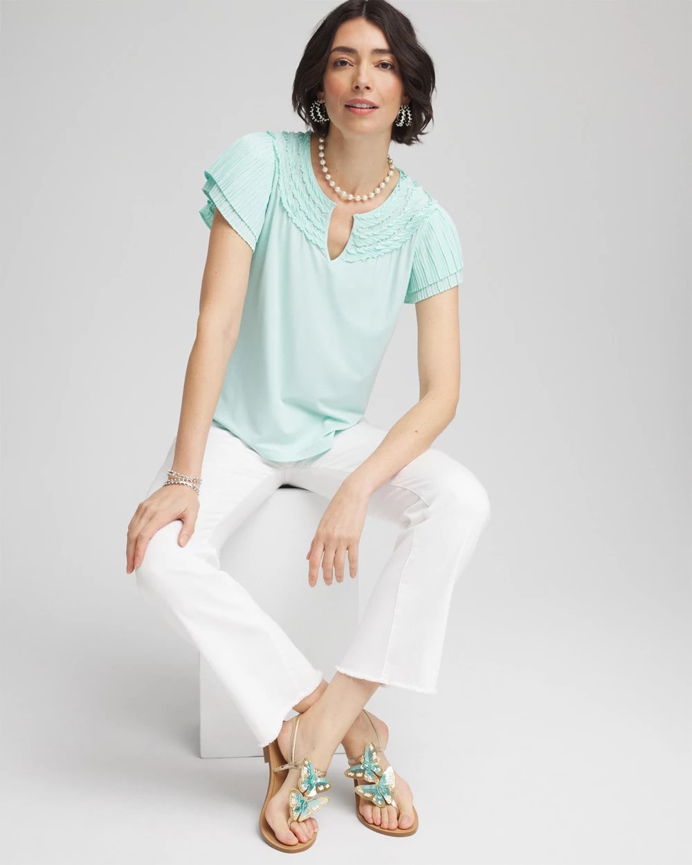 Chico's Customer Favorite - Touch of Cool™ Layered Pleated Flutter Tee Teal Waters