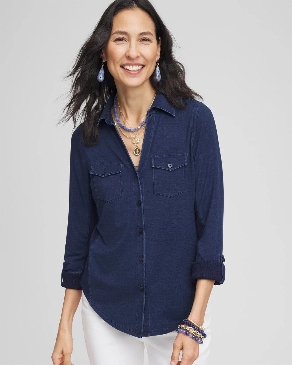 Chico's Best Seller - Collared Henley Top Riviera Authentic