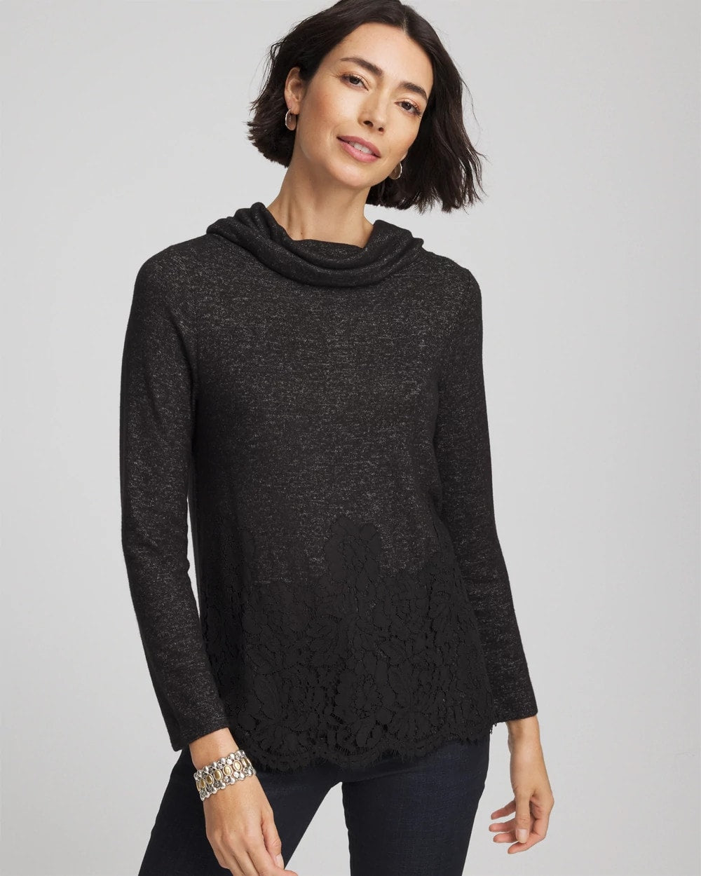 Chico's Latest - Lace Hem Cowlneck Top Black