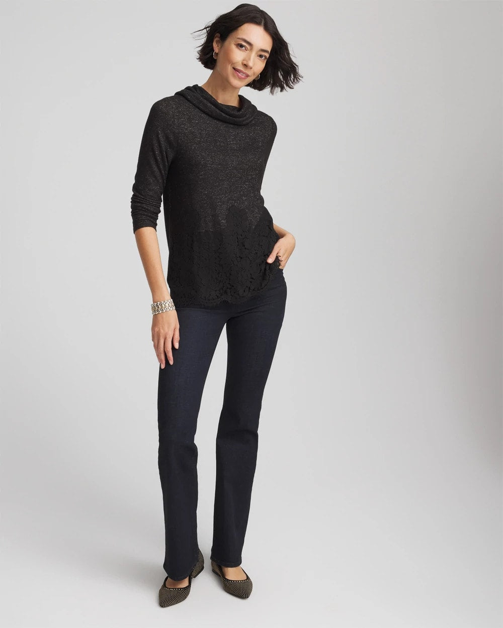 Chico's Latest - Lace Hem Cowlneck Top Black
