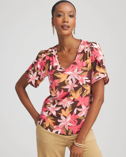 Chico's Value - Floral Petal-Sleeve Voop Neck Tee Cacao
