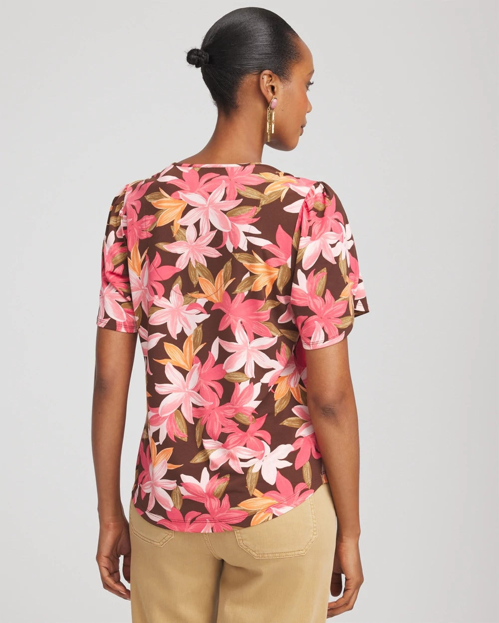 Chico's Value - Floral Petal-Sleeve Voop Neck Tee Cacao