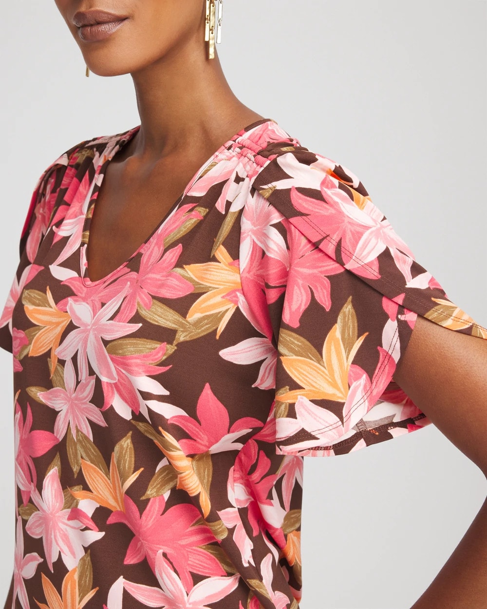 Chico's Value - Floral Petal-Sleeve Voop Neck Tee Cacao