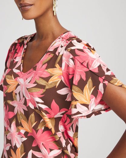 Chico's Value - Floral Petal-Sleeve Voop Neck Tee Cacao