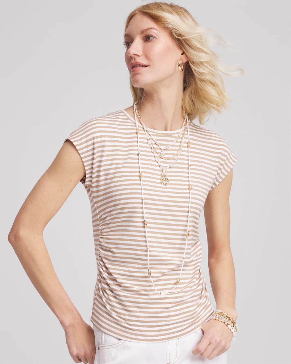Chico's Popular - Neutral Striped Cap Sleeve Dolman Tee Cafe Aroma