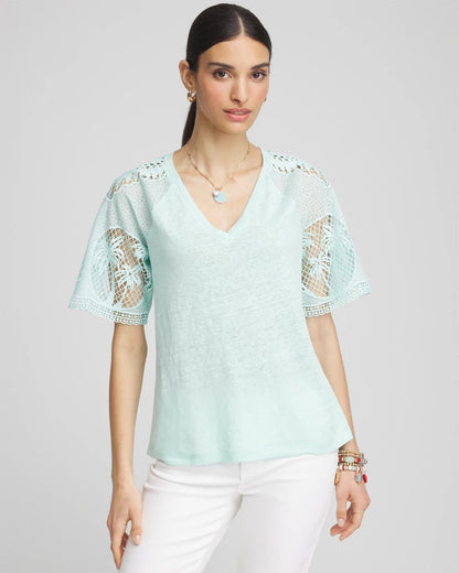 Chico's Latest - Linen Crochet Lace Short Sleeve Tee Teal Waters