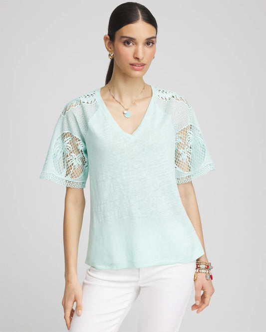 Chico's Latest - Linen Crochet Lace Short Sleeve Tee Teal Waters