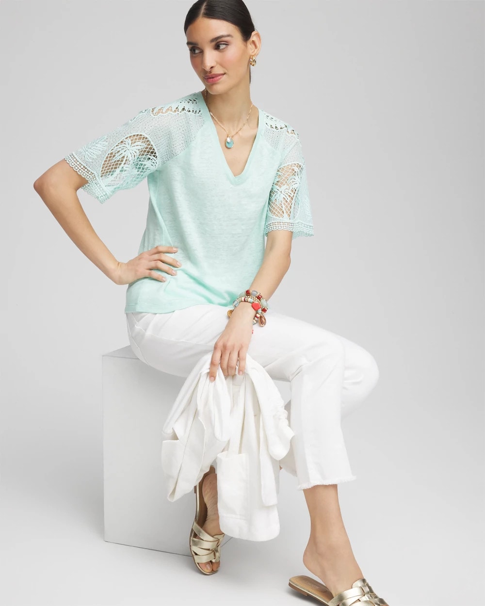 Chico's Latest - Linen Crochet Lace Short Sleeve Tee Teal Waters