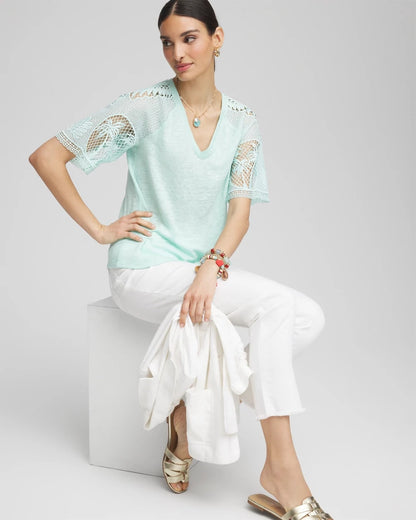 Chico's Latest - Linen Crochet Lace Short Sleeve Tee Teal Waters