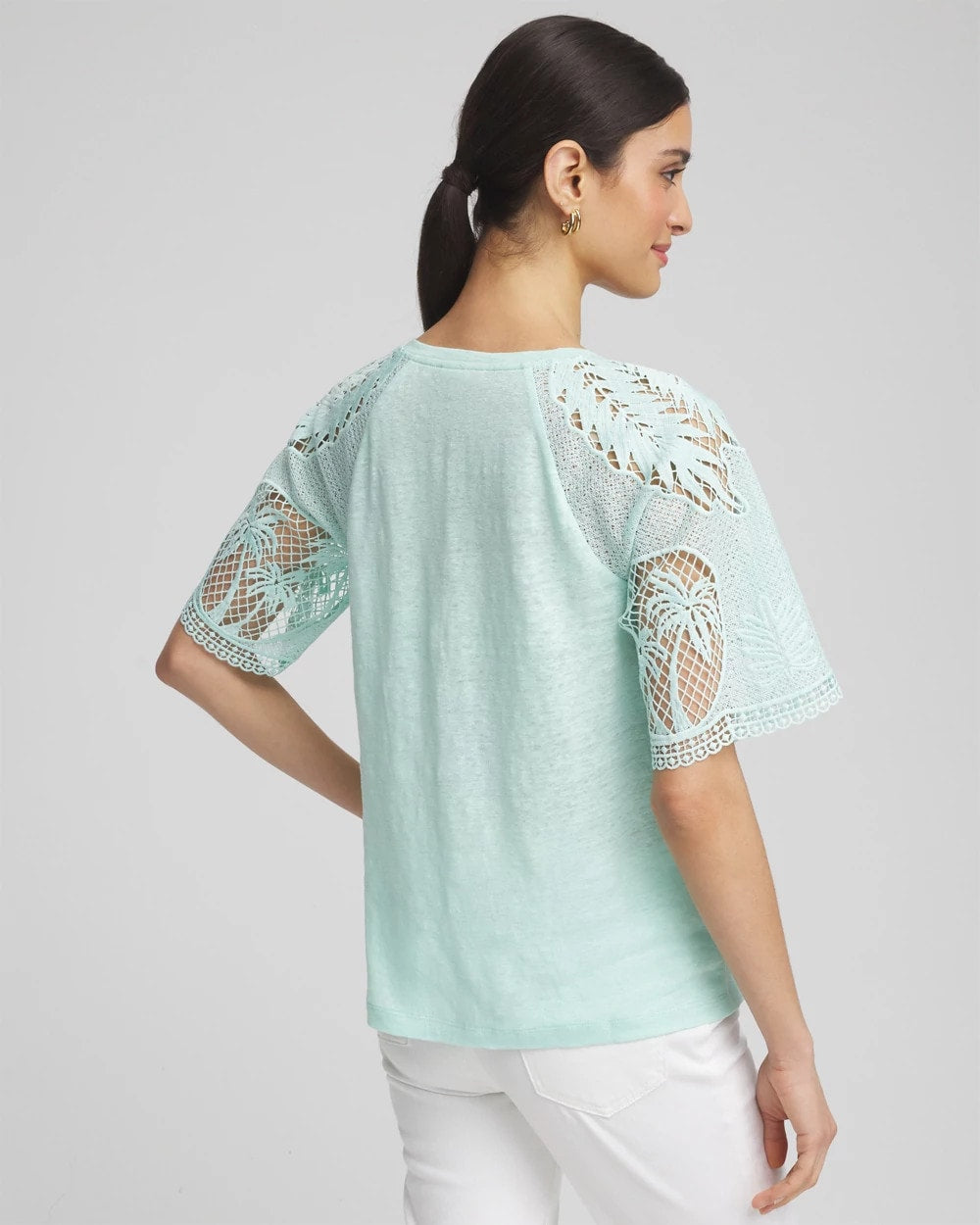 Chico's Latest - Linen Crochet Lace Short Sleeve Tee Teal Waters