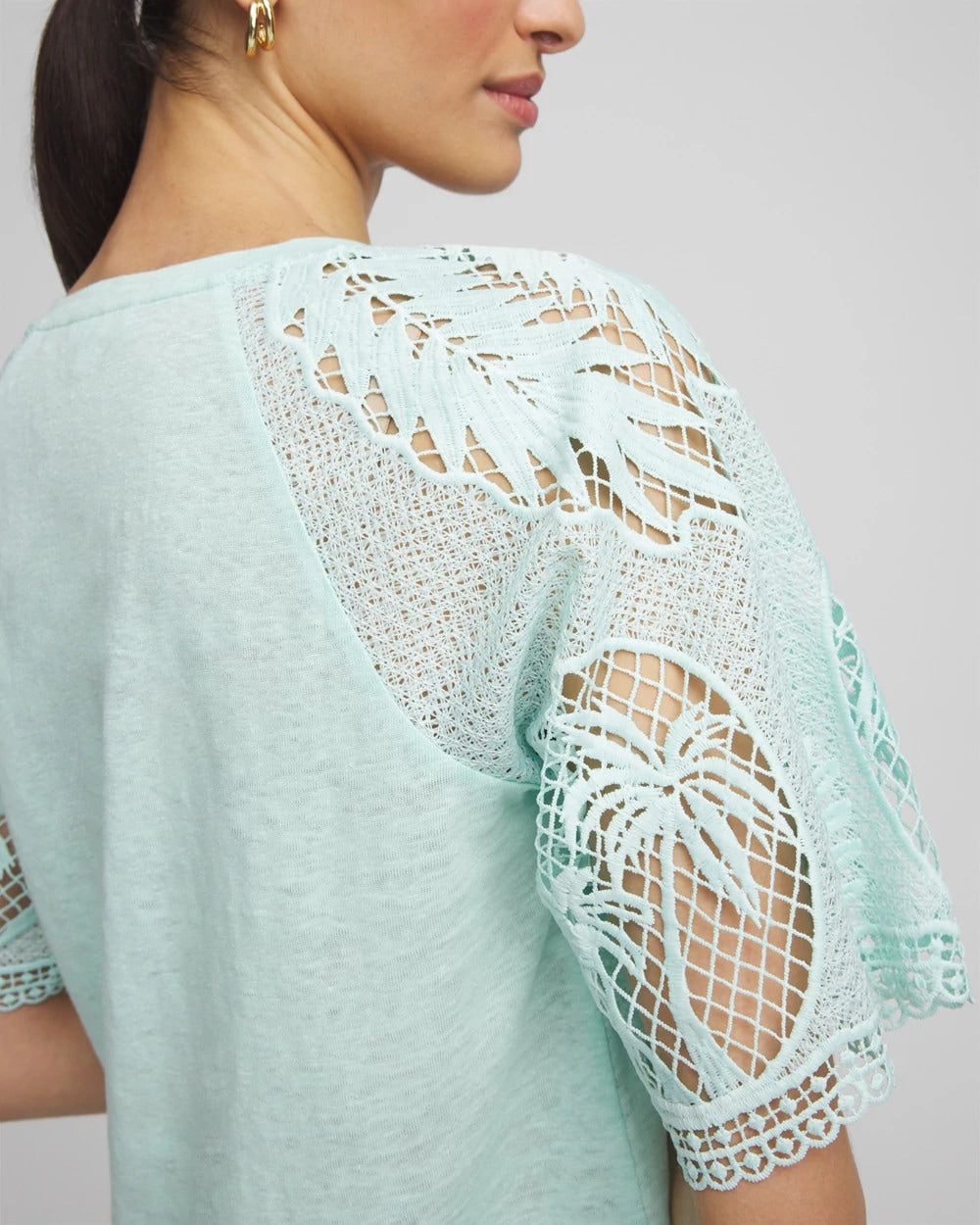Chico's Latest - Linen Crochet Lace Short Sleeve Tee Teal Waters
