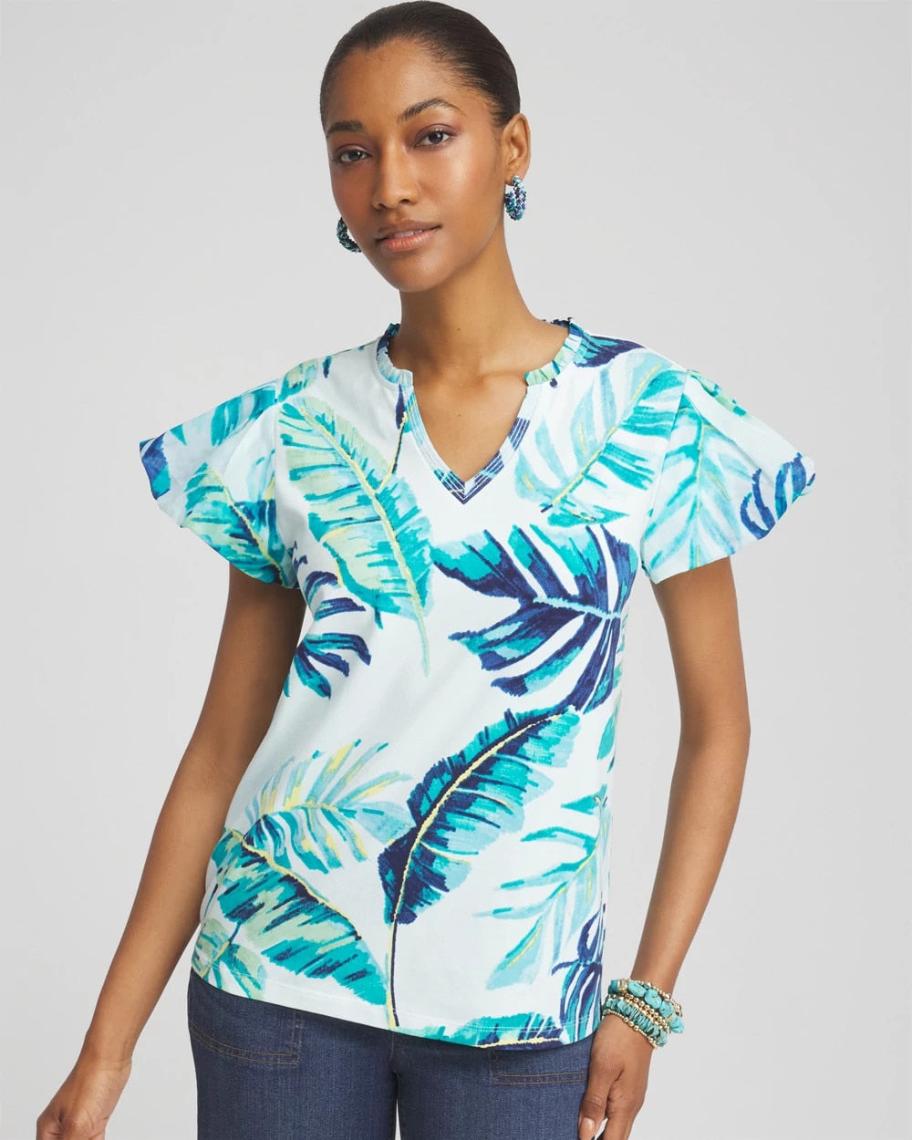 Chico's Customer Favorite - Notch Neck Cap Sleeve Tee Paradiso Blue