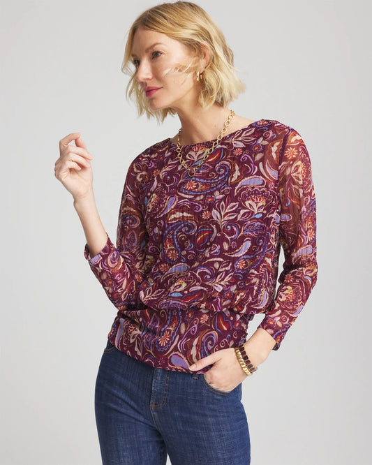 Chico's Quality - Paisley Textured Banded-Hem Top Deep Chianti