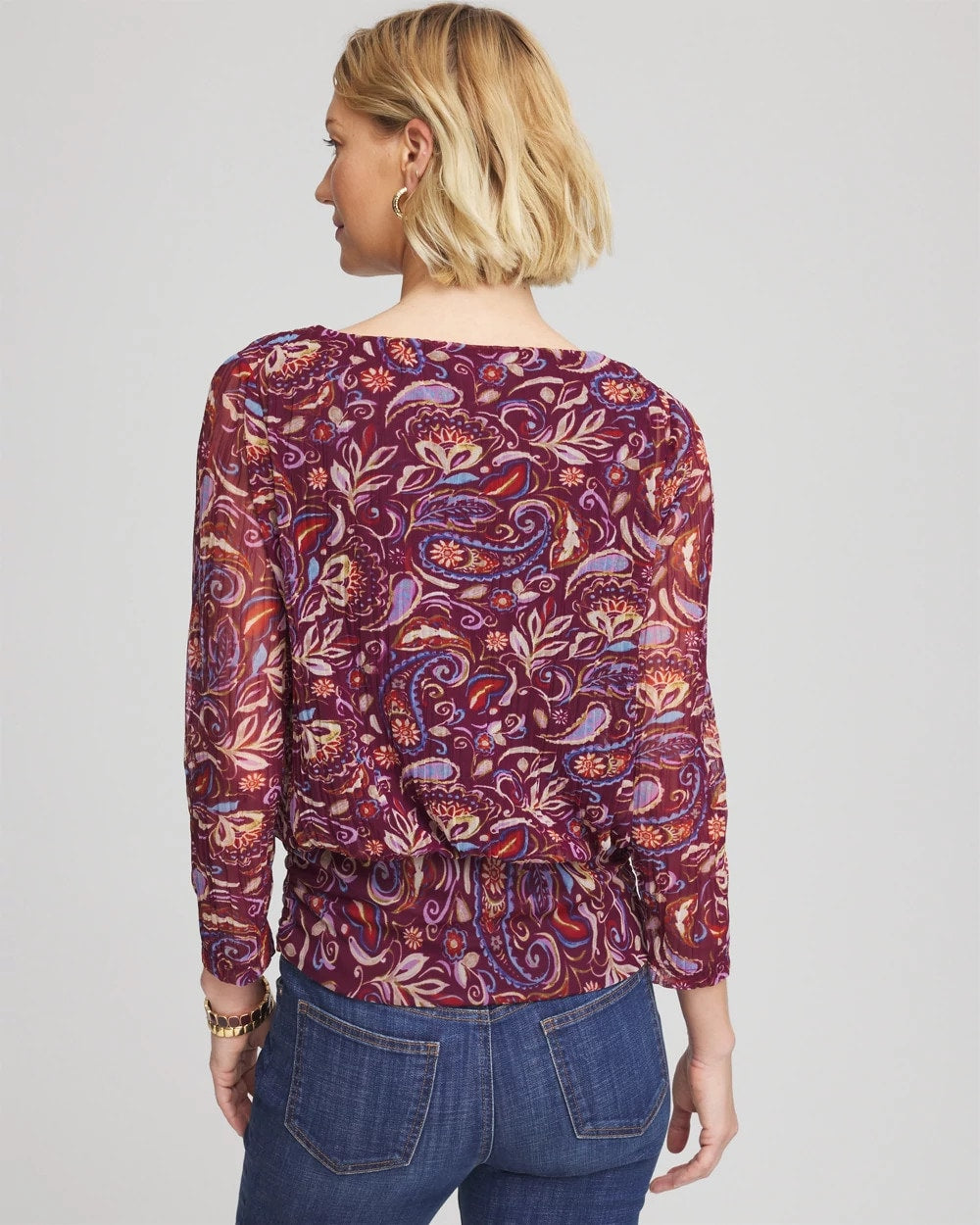 Chico's Quality - Paisley Textured Banded-Hem Top Deep Chianti