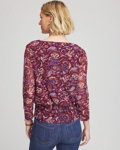 Chico's Quality - Paisley Textured Banded-Hem Top Deep Chianti