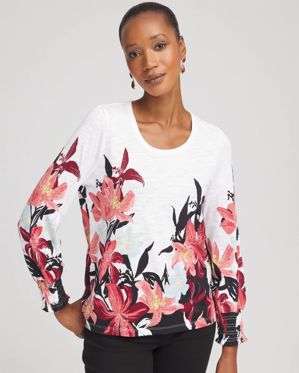 Chico's Deals - Floral-Motif Smocked Cotton-Slub Tee Alabaster