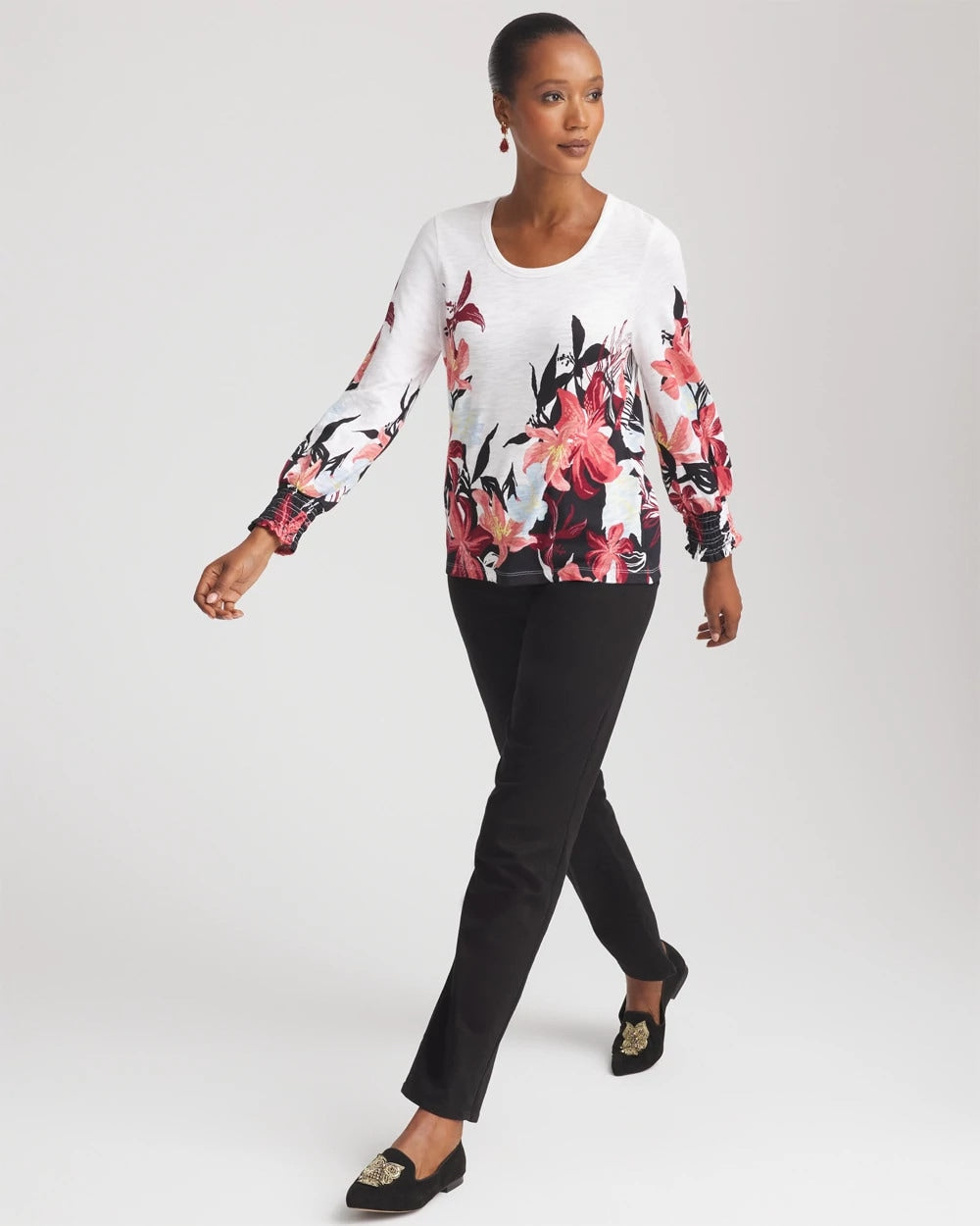 Chico's Deals - Floral-Motif Smocked Cotton-Slub Tee Alabaster