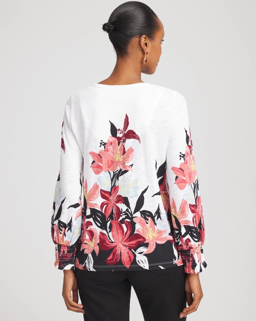 Chico's Deals - Floral-Motif Smocked Cotton-Slub Tee Alabaster