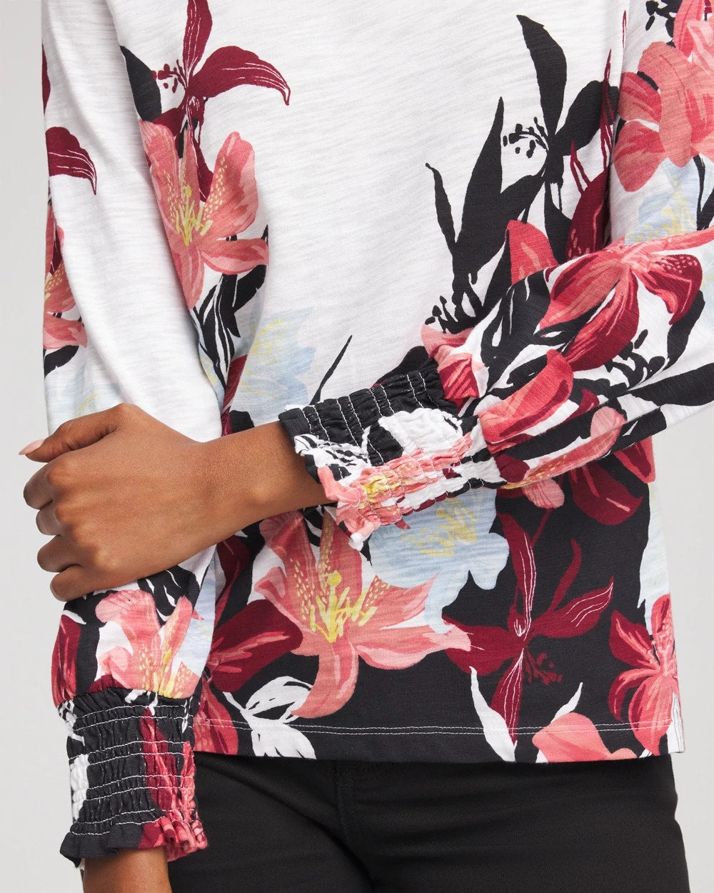 Chico's Deals - Floral-Motif Smocked Cotton-Slub Tee Alabaster