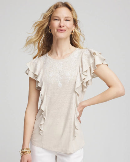 Chico's Customer Favorite - Embroidered Flutter-Sleeve Tee River Rock
