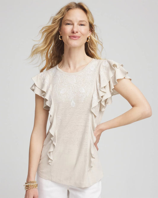 Chico's Customer Favorite - Embroidered Flutter-Sleeve Tee River Rock