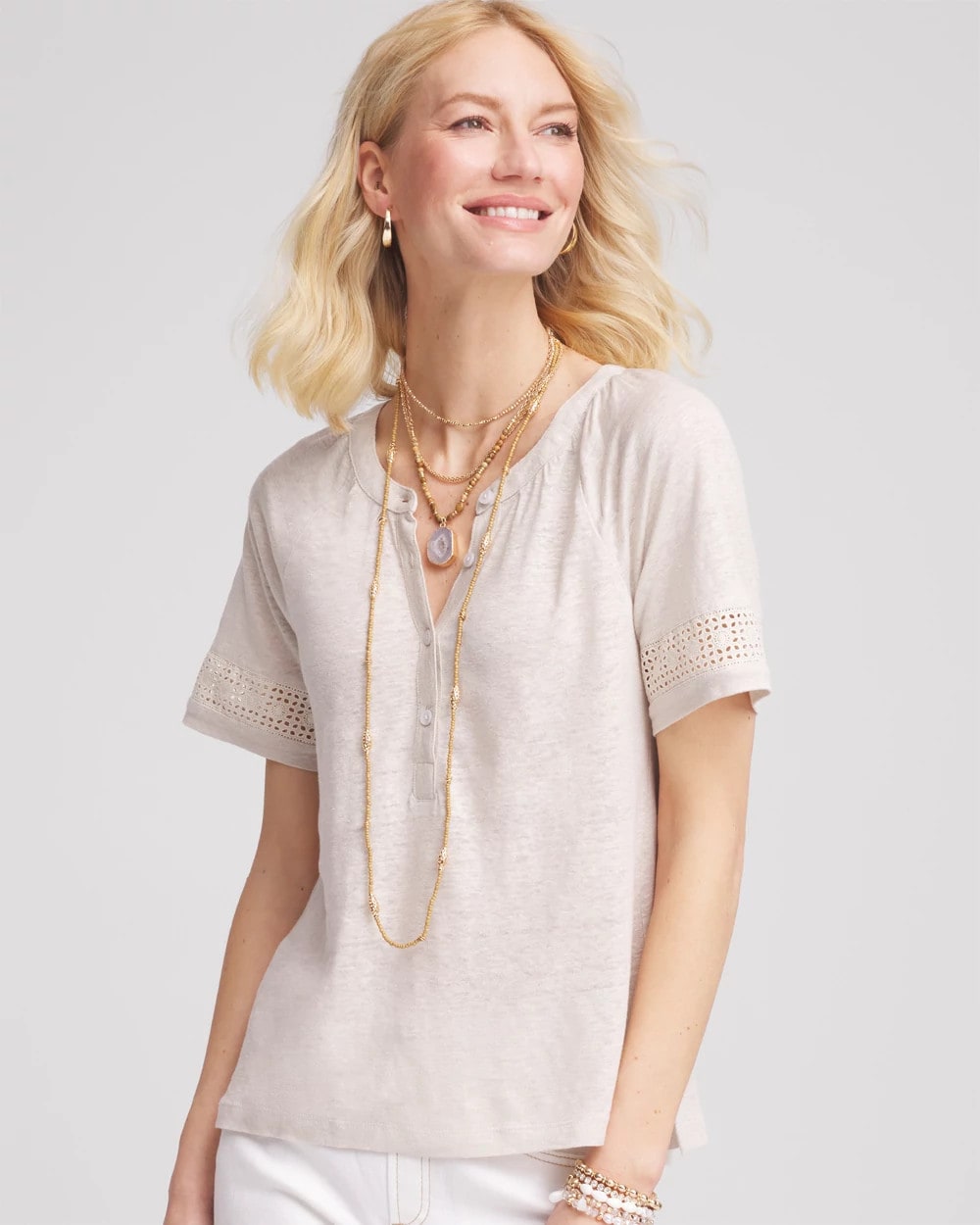 Chico's Smart Buy - Linen Lace-Cutwork Sleeve Henley Tee River Rock