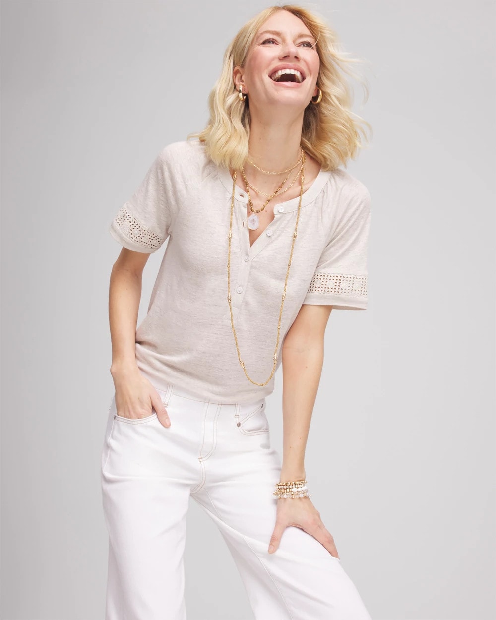 Chico's Smart Buy - Linen Lace-Cutwork Sleeve Henley Tee River Rock