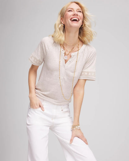 Chico's Smart Buy - Linen Lace-Cutwork Sleeve Henley Tee River Rock