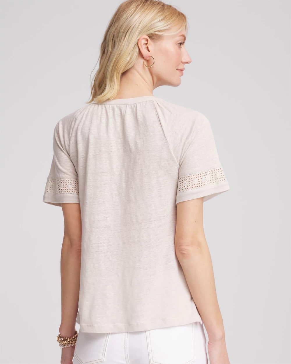 Chico's Smart Buy - Linen Lace-Cutwork Sleeve Henley Tee River Rock