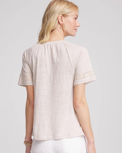 Chico's Smart Buy - Linen Lace-Cutwork Sleeve Henley Tee River Rock
